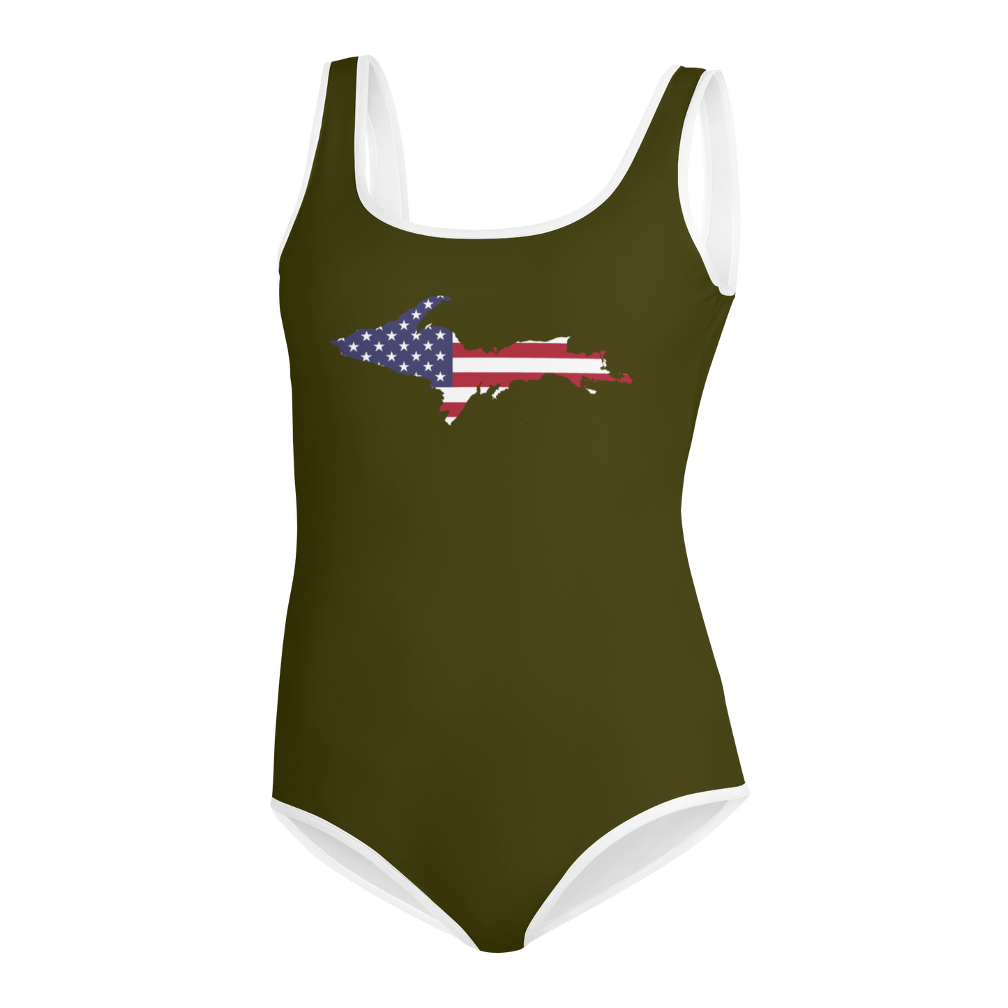 Michigan Upper Peninsula Youth Swimsuit (w/ UP Outline) | Military Green