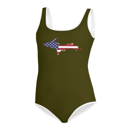 Michigan Upper Peninsula Youth Swimsuit (w/ UP Outline) | Military Green