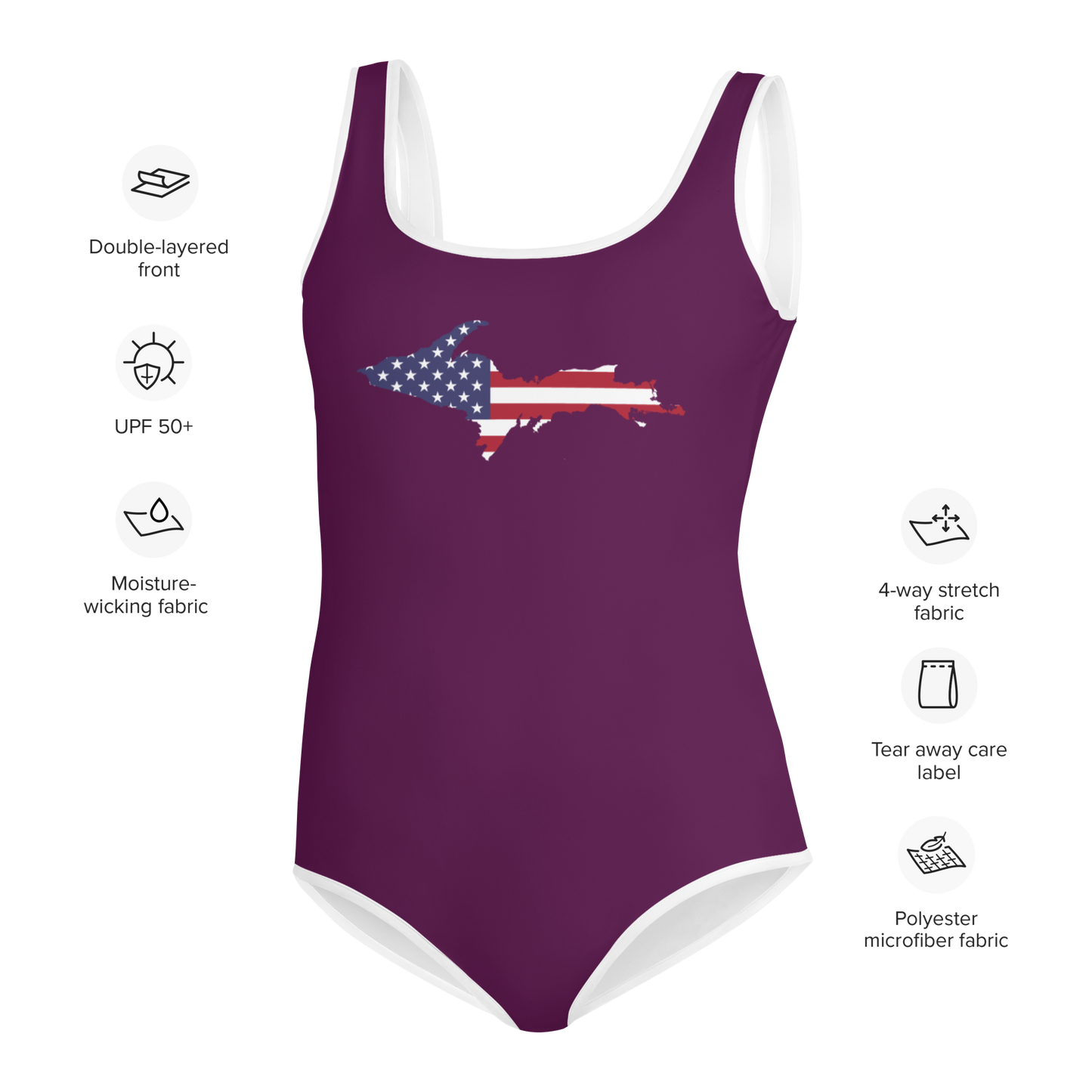 Michigan Upper Peninsula Youth Swimsuit (w/ UP Outline) | Tyrian Purple