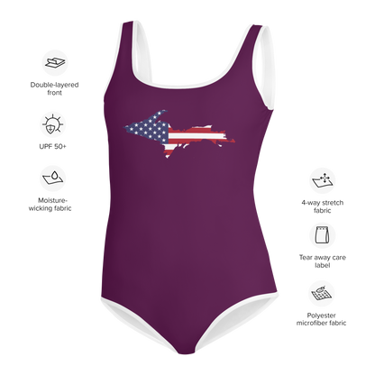 Michigan Upper Peninsula Youth Swimsuit (w/ UP Outline) | Tyrian Purple