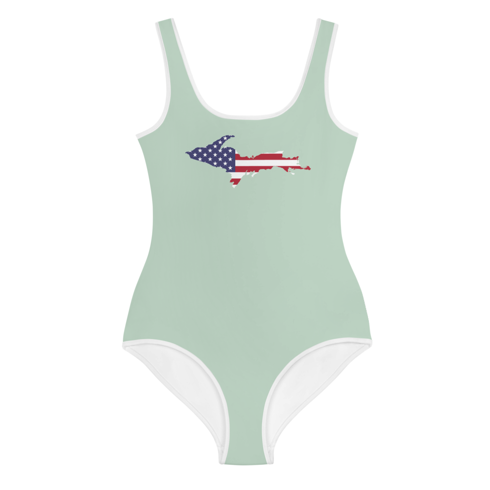 Michigan Upper Peninsula Youth Swimsuit (w/ UP Outline) | Sea Green