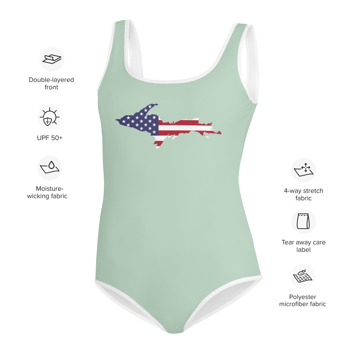 Michigan Upper Peninsula Youth Swimsuit (w/ UP Outline) | Sea Green