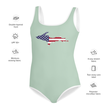 Michigan Upper Peninsula Youth Swimsuit (w/ UP Outline) | Sea Green