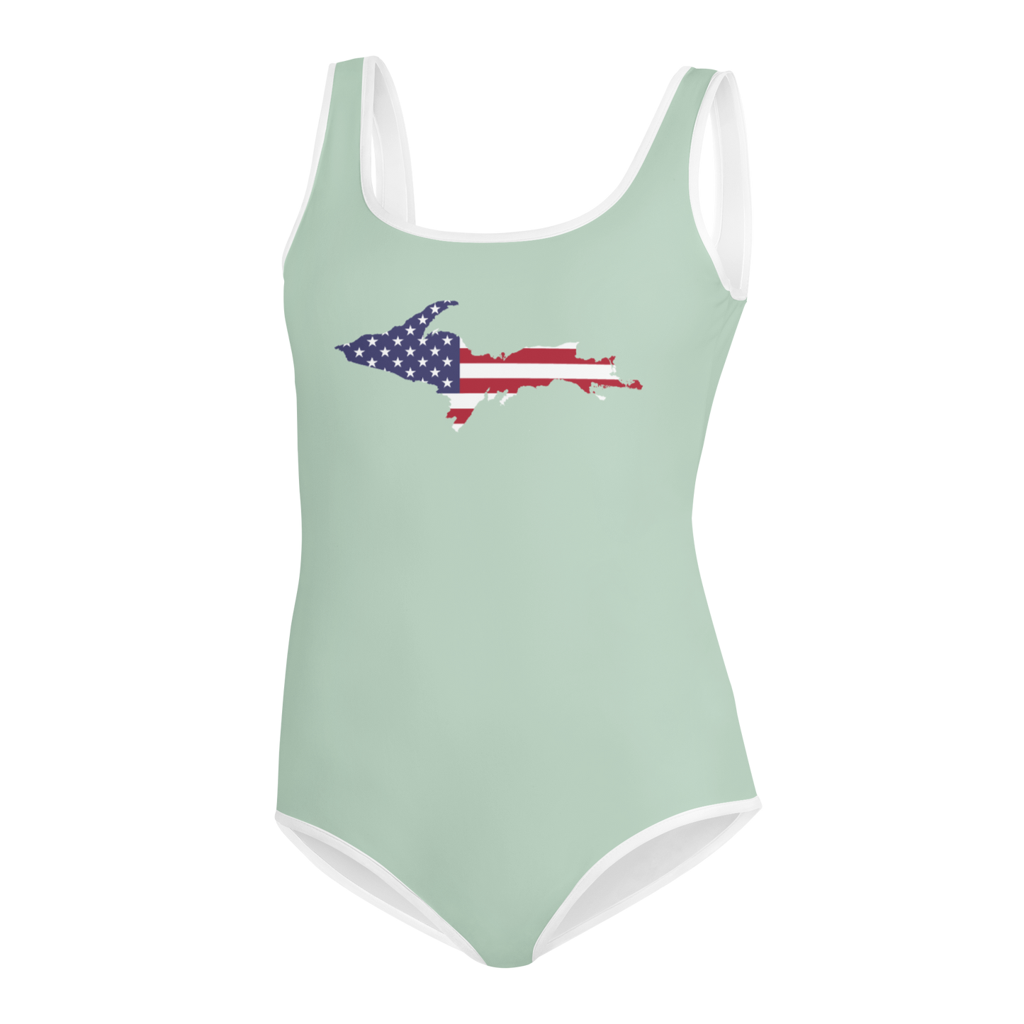 Michigan Upper Peninsula Youth Swimsuit (w/ UP Outline) | Sea Green