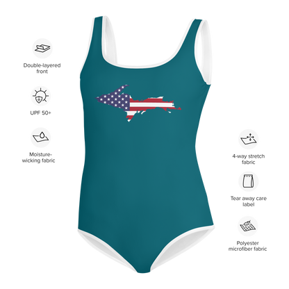 Michigan Upper Peninsula Youth Swimsuit (w/ UP Outline) | Auburn Hills Teal