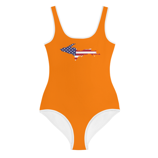 Michigan Upper Peninsula Youth Swimsuit (w/ UP Outline) | Safety Orange