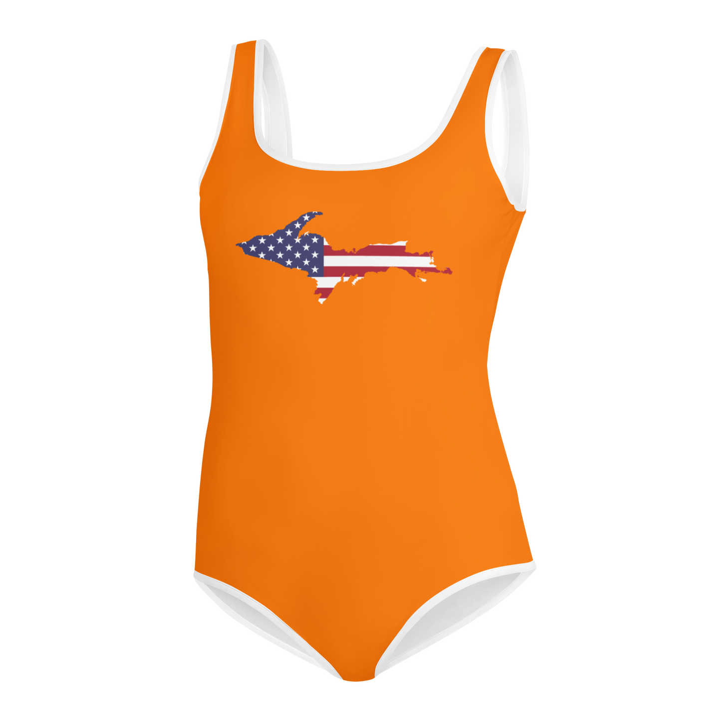 Michigan Upper Peninsula Youth Swimsuit (w/ UP Outline) | Safety Orange