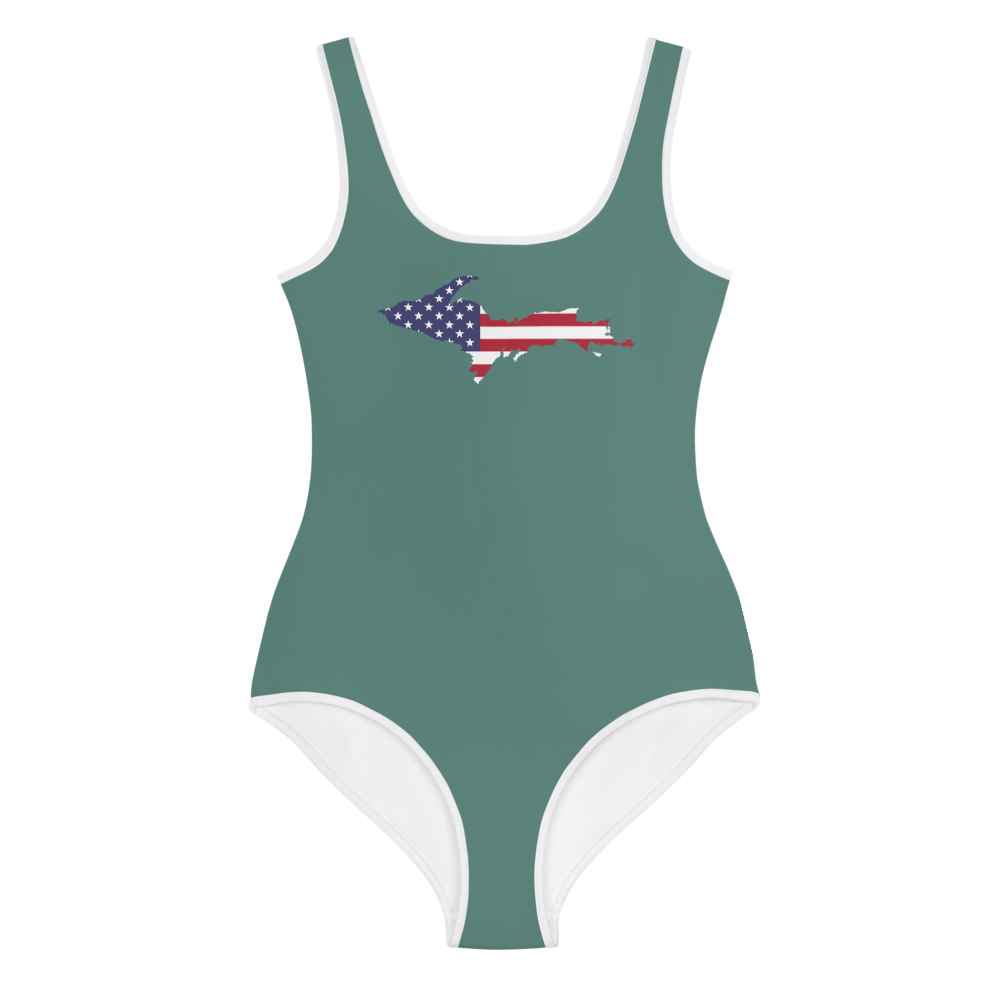 Michigan Upper Peninsula Youth Swimsuit (w/ UP Outline) | Copper Green