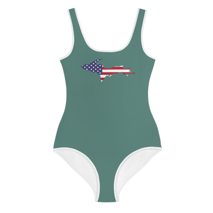 Michigan Upper Peninsula Youth Swimsuit (w/ UP Outline) | Copper Green