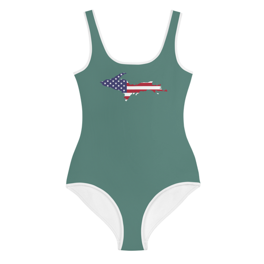 Michigan Upper Peninsula Youth Swimsuit (w/ UP Outline) | Copper Green