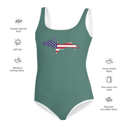 Michigan Upper Peninsula Youth Swimsuit (w/ UP Outline) | Copper Green