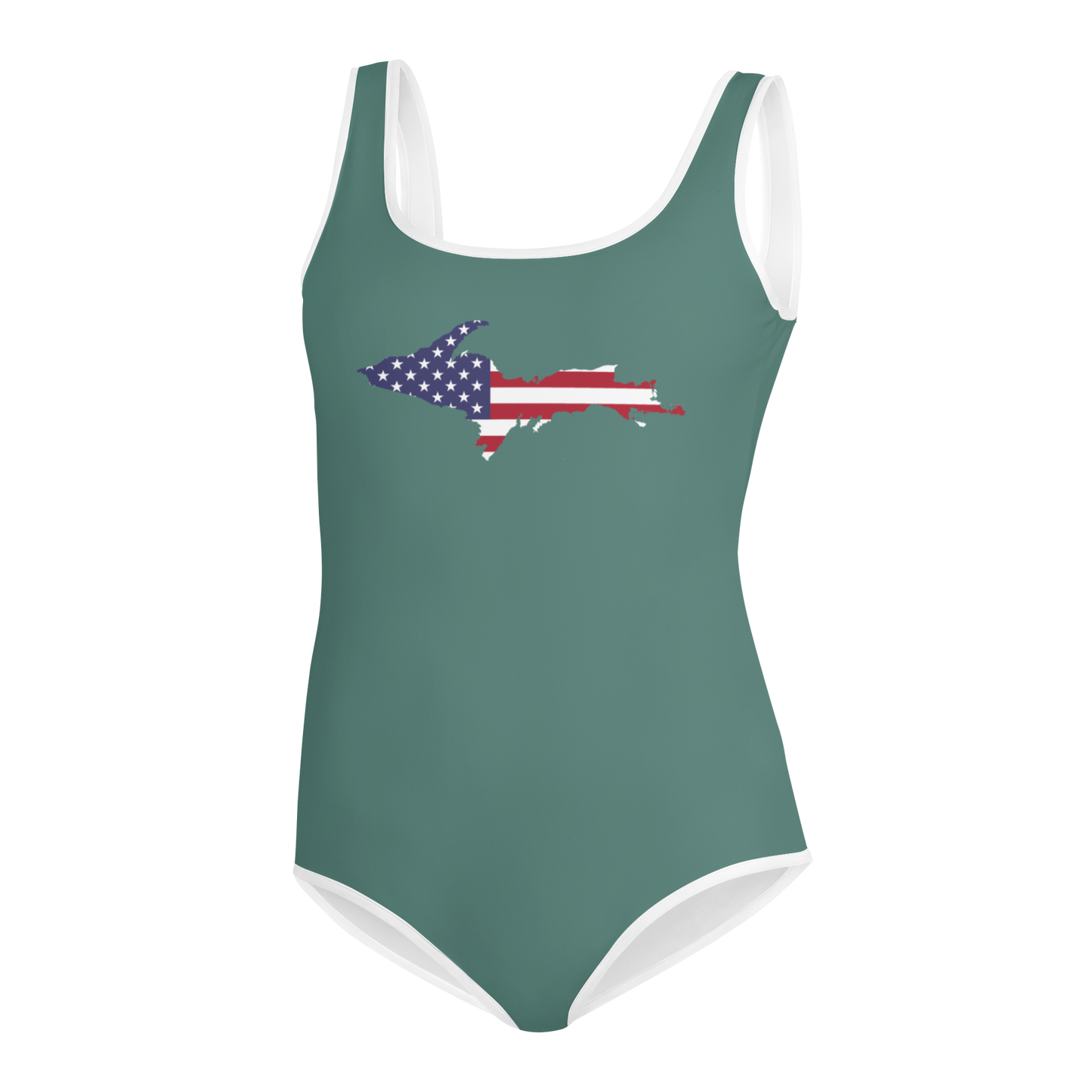 Michigan Upper Peninsula Youth Swimsuit (w/ UP Outline) | Copper Green