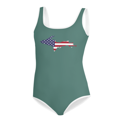 Michigan Upper Peninsula Youth Swimsuit (w/ UP Outline) | Copper Green