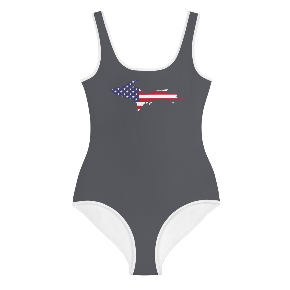 Michigan Upper Peninsula Youth Swimsuit (w/ UP Outline) | Iron Ore Grey