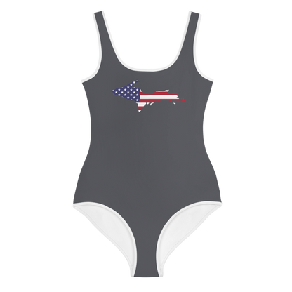 Michigan Upper Peninsula Youth Swimsuit (w/ UP Outline) | Iron Ore Grey