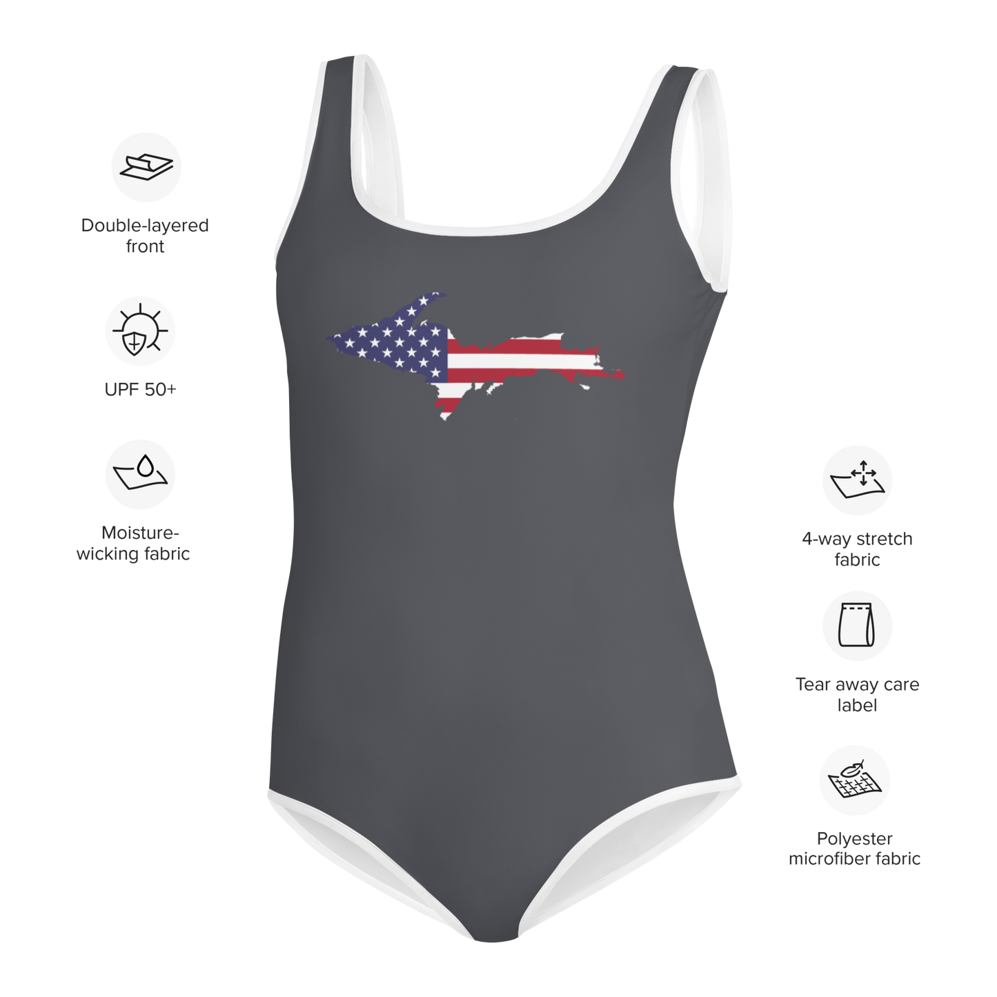 Michigan Upper Peninsula Youth Swimsuit (w/ UP Outline) | Iron Ore Grey