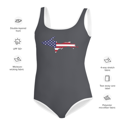 Michigan Upper Peninsula Youth Swimsuit (w/ UP Outline) | Iron Ore Grey