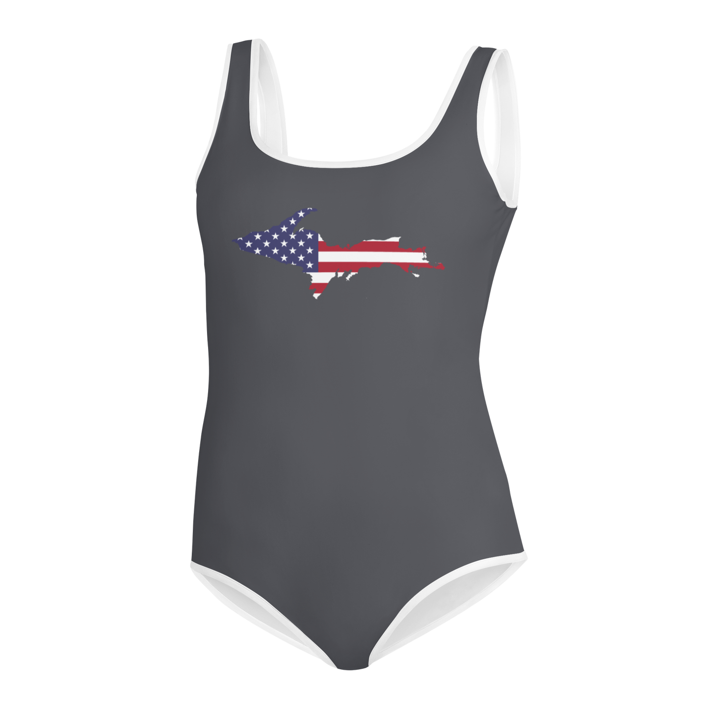 Michigan Upper Peninsula Youth Swimsuit (w/ UP Outline) | Iron Ore Grey