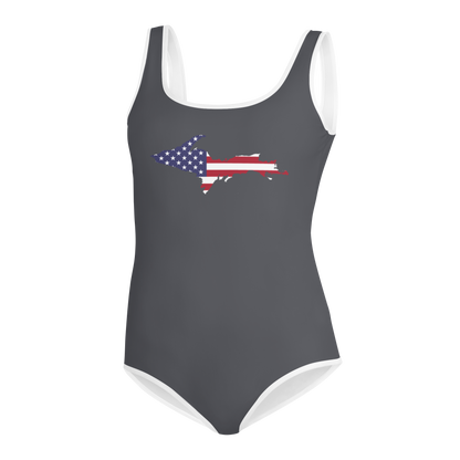 Michigan Upper Peninsula Youth Swimsuit (w/ UP Outline) | Iron Ore Grey