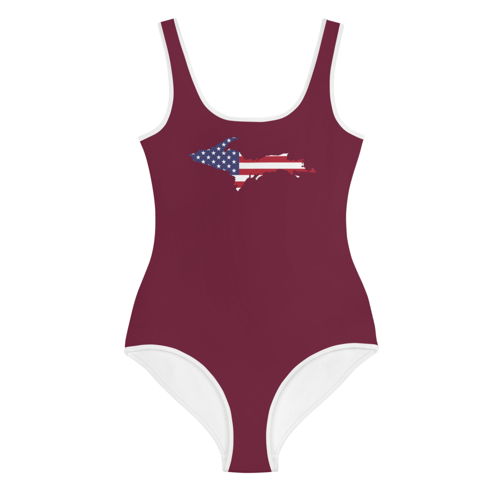 Michigan Upper Peninsula Youth Swimsuit (w/ UP Outline) | Old Mission Burgundy