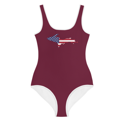 Michigan Upper Peninsula Youth Swimsuit (w/ UP Outline) | Old Mission Burgundy