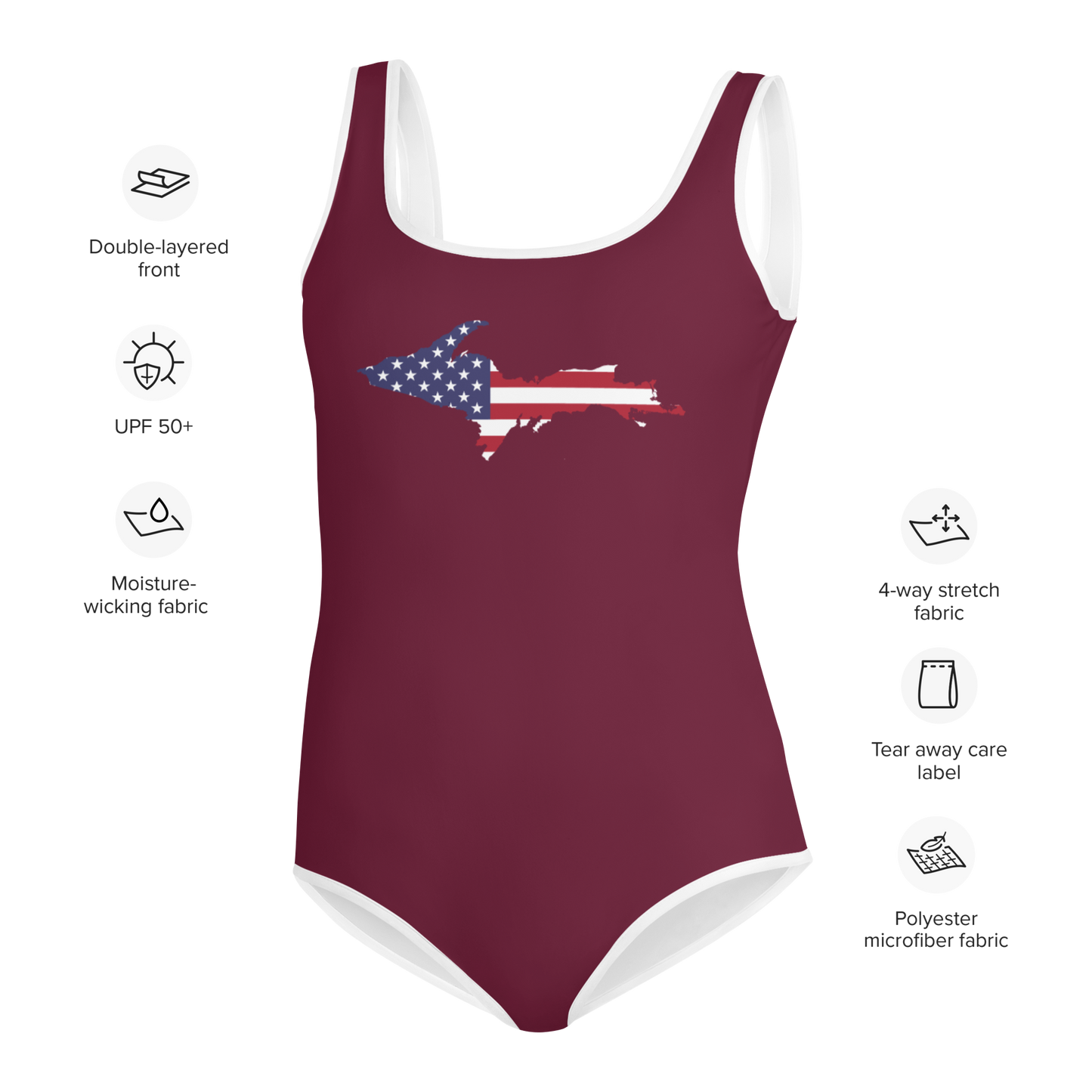 Michigan Upper Peninsula Youth Swimsuit (w/ UP Outline) | Old Mission Burgundy