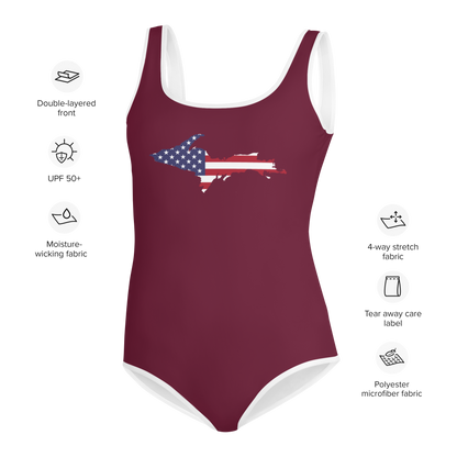 Michigan Upper Peninsula Youth Swimsuit (w/ UP Outline) | Old Mission Burgundy