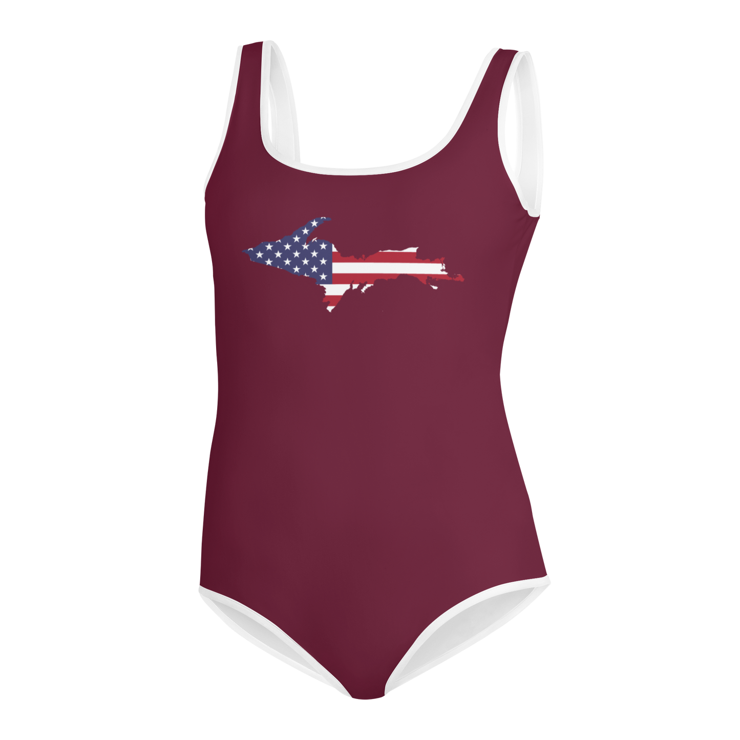 Michigan Upper Peninsula Youth Swimsuit (w/ UP Outline) | Old Mission Burgundy