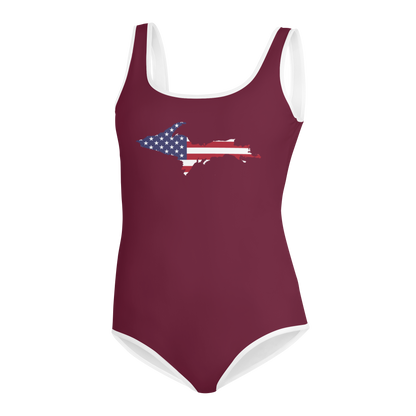 Michigan Upper Peninsula Youth Swimsuit (w/ UP Outline) | Old Mission Burgundy