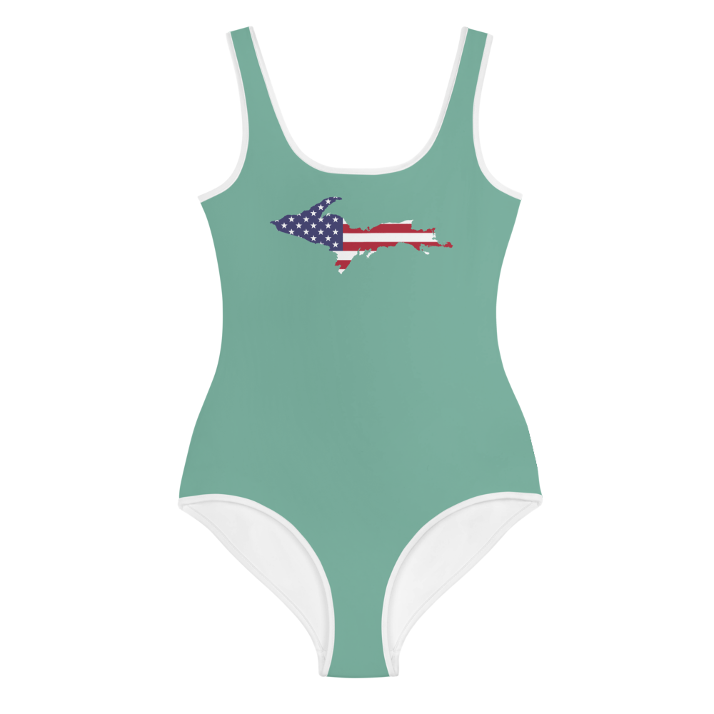 Michigan Upper Peninsula Youth Swimsuit (w/ UP Outline) | Metallic Mint Green