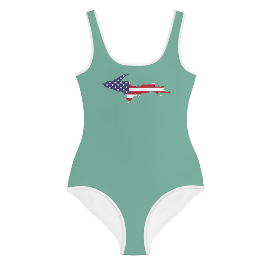 Michigan Upper Peninsula Youth Swimsuit (w/ UP Outline) | Metallic Mint Green