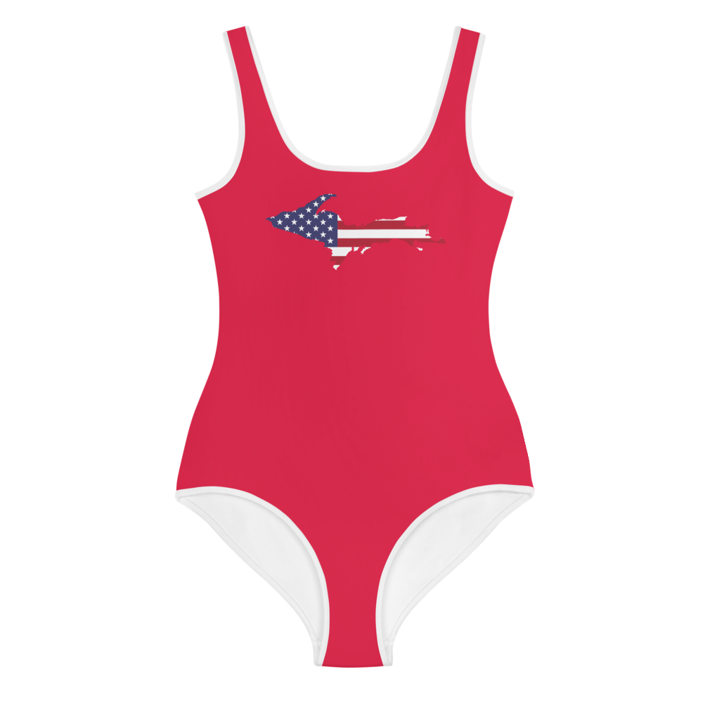 Michigan Upper Peninsula Youth Swimsuit (w/ UP Outline) | Lighthouse Red