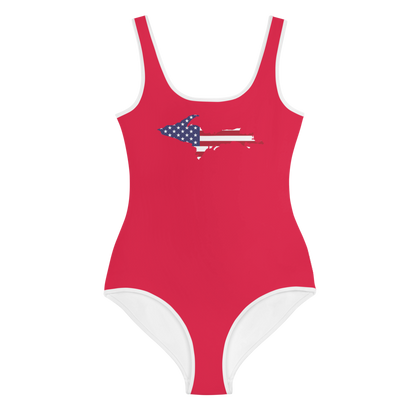 Michigan Upper Peninsula Youth Swimsuit (w/ UP Outline) | Lighthouse Red