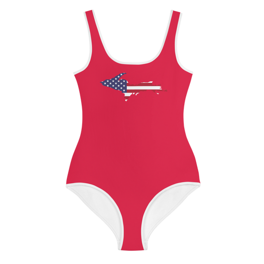 Michigan Upper Peninsula Youth Swimsuit (w/ UP Outline) | Lighthouse Red