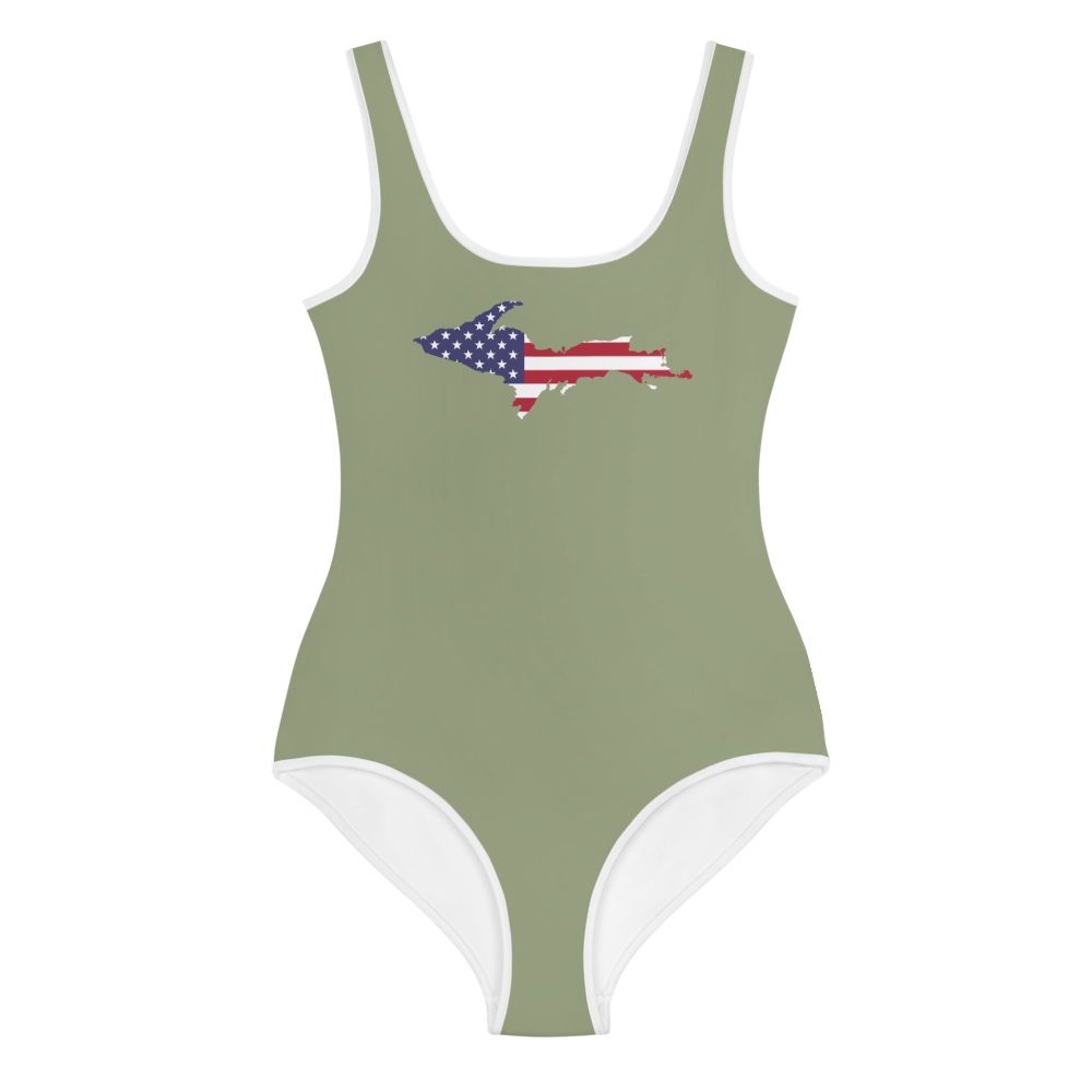 Michigan Upper Peninsula Youth Swimsuit (w/ UP Outline) | Beachgrass Green