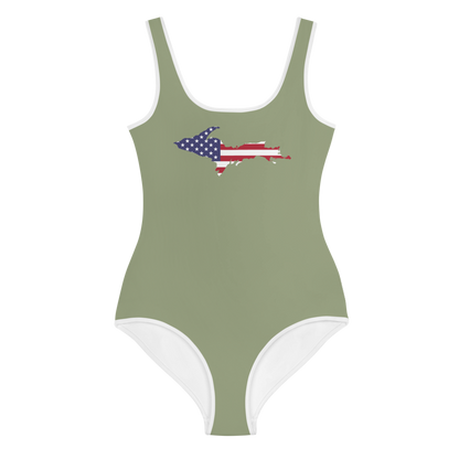 Michigan Upper Peninsula Youth Swimsuit (w/ UP Outline) | Beachgrass Green