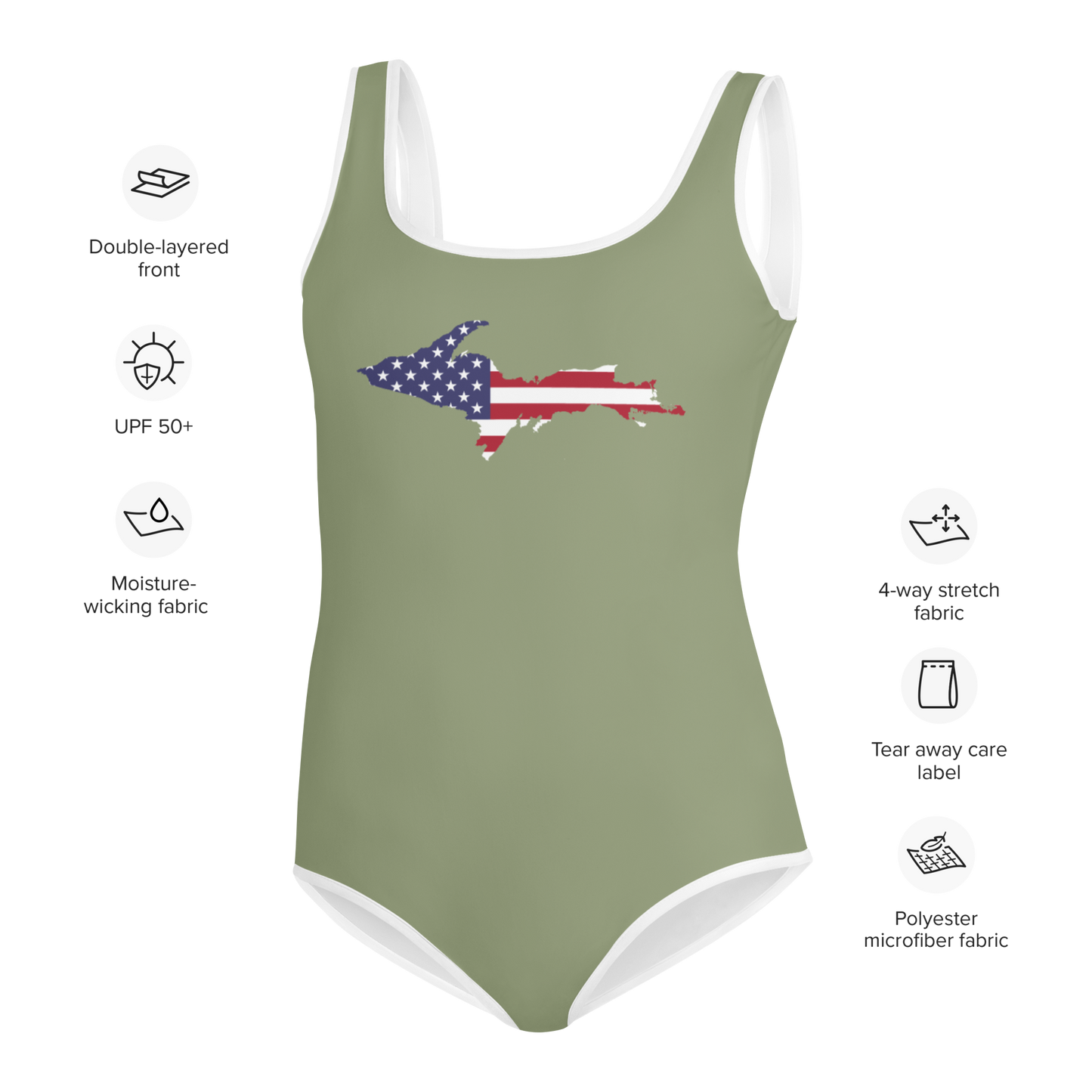 Michigan Upper Peninsula Youth Swimsuit (w/ UP Outline) | Beachgrass Green