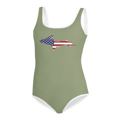 Michigan Upper Peninsula Youth Swimsuit (w/ UP Outline) | Beachgrass Green