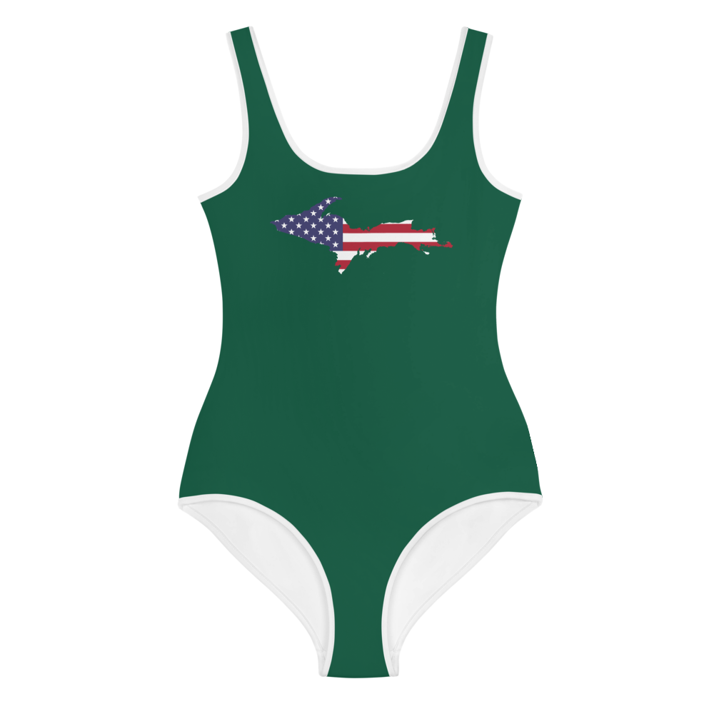 Michigan Upper Peninsula Youth Swimsuit (w/ UP Outline) | Superior Green