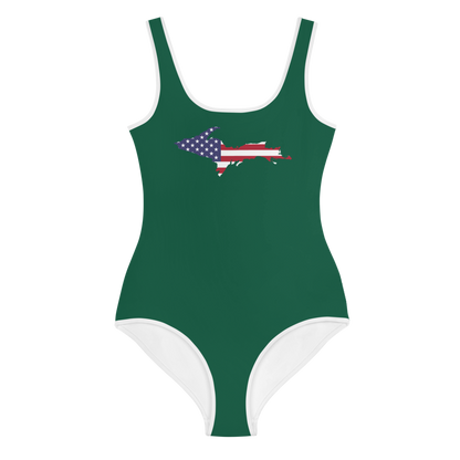 Michigan Upper Peninsula Youth Swimsuit (w/ UP Outline) | Superior Green