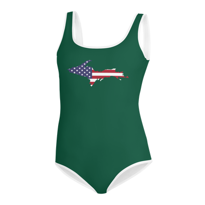 Michigan Upper Peninsula Youth Swimsuit (w/ UP Outline) | Superior Green