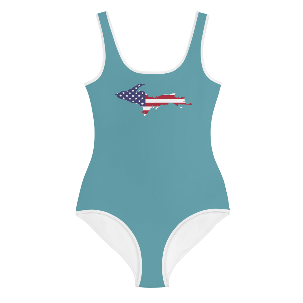 Michigan Upper Peninsula Youth Swimsuit (w/ UP Outline) | Lake Huron Blue