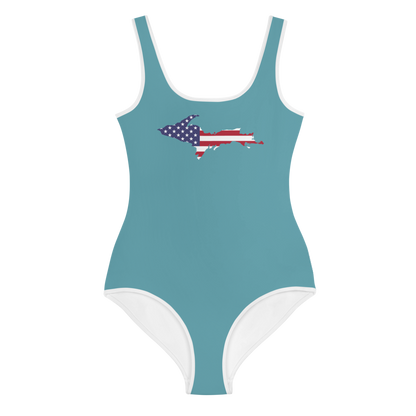 Michigan Upper Peninsula Youth Swimsuit (w/ UP Outline) | Lake Huron Blue