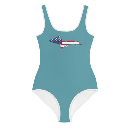 Michigan Upper Peninsula Youth Swimsuit (w/ UP Outline) | Lake Huron Blue