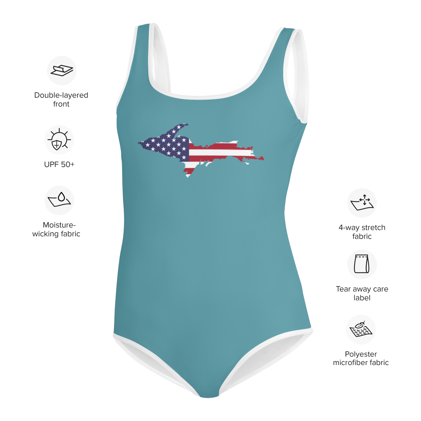 Michigan Upper Peninsula Youth Swimsuit (w/ UP Outline) | Lake Huron Blue