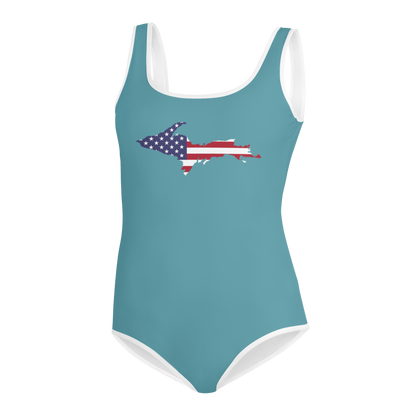 Michigan Upper Peninsula Youth Swimsuit (w/ UP Outline) | Lake Huron Blue