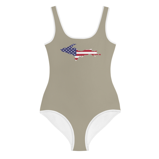 Michigan Upper Peninsula Youth Swimsuit (w/ UP Outline) | Petoskey Stone Beige