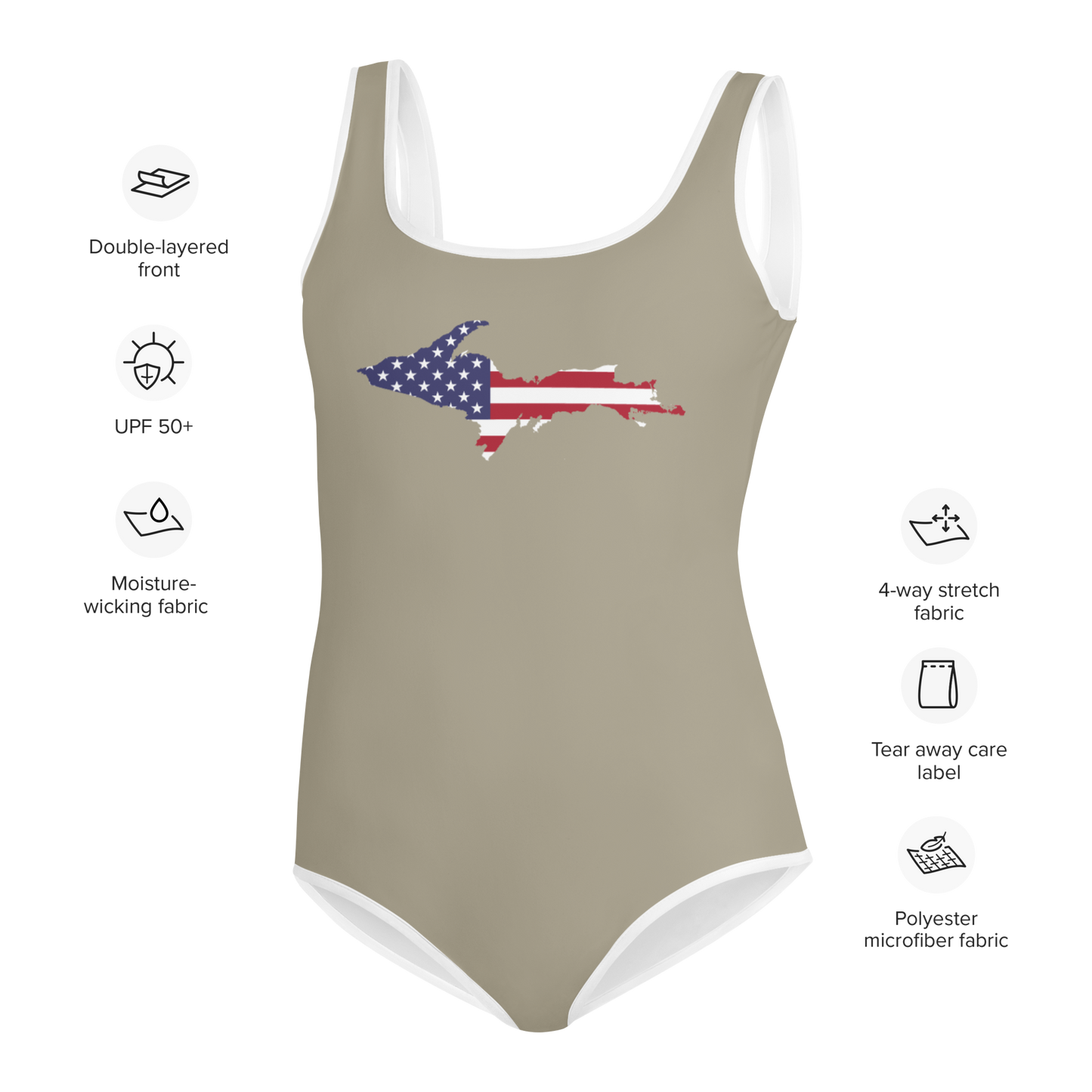 Michigan Upper Peninsula Youth Swimsuit (w/ UP Outline) | Petoskey Stone Beige