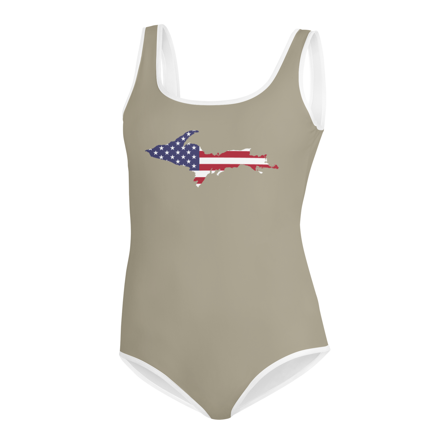 Michigan Upper Peninsula Youth Swimsuit (w/ UP Outline) | Petoskey Stone Beige