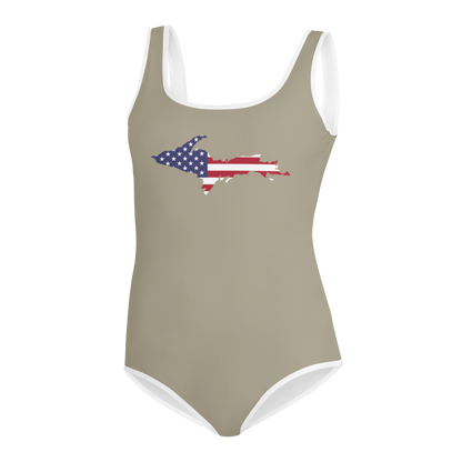 Michigan Upper Peninsula Youth Swimsuit (w/ UP Outline) | Petoskey Stone Beige